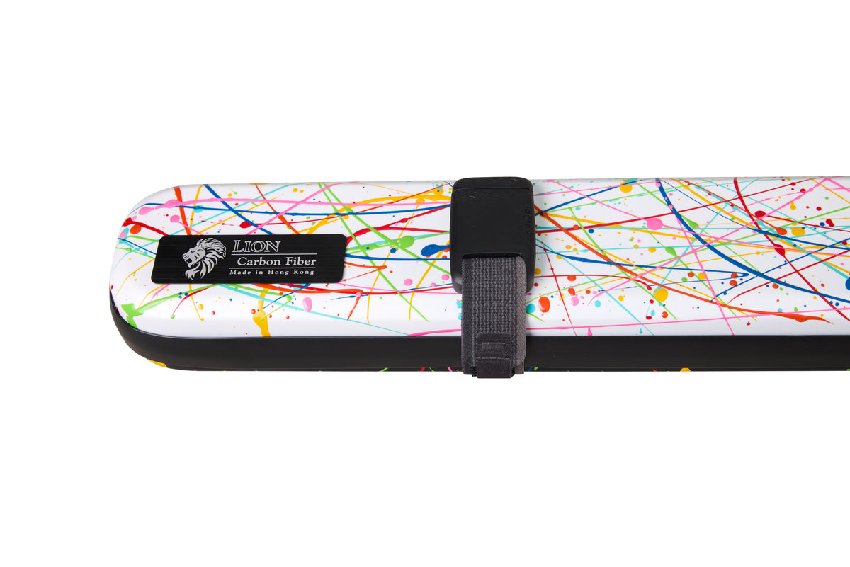 Lion carbon fibre black-and-white graffiti cue case, branded catch detail